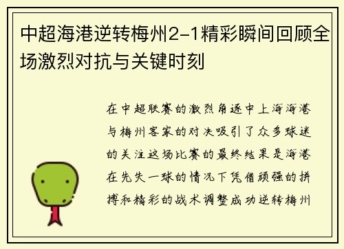 中超海港逆转梅州2-1精彩瞬间回顾全场激烈对抗与关键时刻